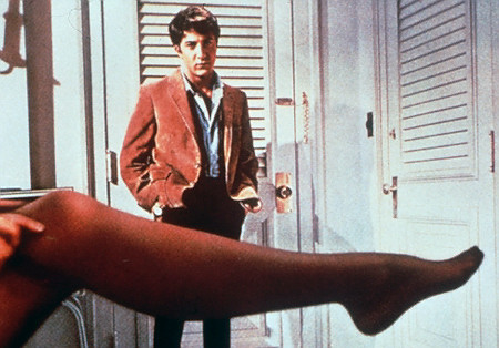 ** FILE ** Dustin Hoffman looks at the stockinged leg of actress Anne Bancroft, his seductress in this scene from the 1967 film "The Graduate." Bancroft, who won the 1962 best actress Oscar as the teacher of a young Helen Keller in "The Miracle Worker" but achieved greater fame as the seductive Mrs. Robinson in "The Graduate," has died. She was 73. She died of cancer on Monday, June 6, 2005, at Mount Sinai Hospital, in New York, John Barlow, a spokesman for her husband, Mel Brooks, said Tuesday, June 7, 2005.  (AP Photo/File)   Original Filename: OBIT_BANCROFT_NY125.jpg