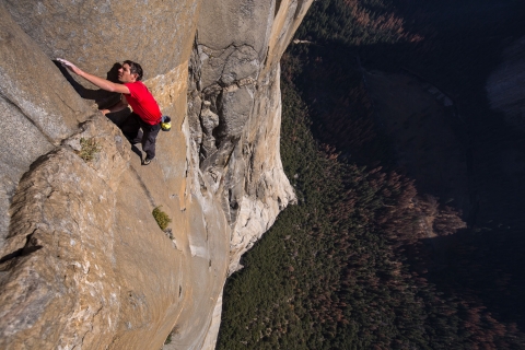 Alex Honnold free solo climbing on El Capitan's Freerider in Yosemite National Park. (National Geographic/Jimmy Chin)